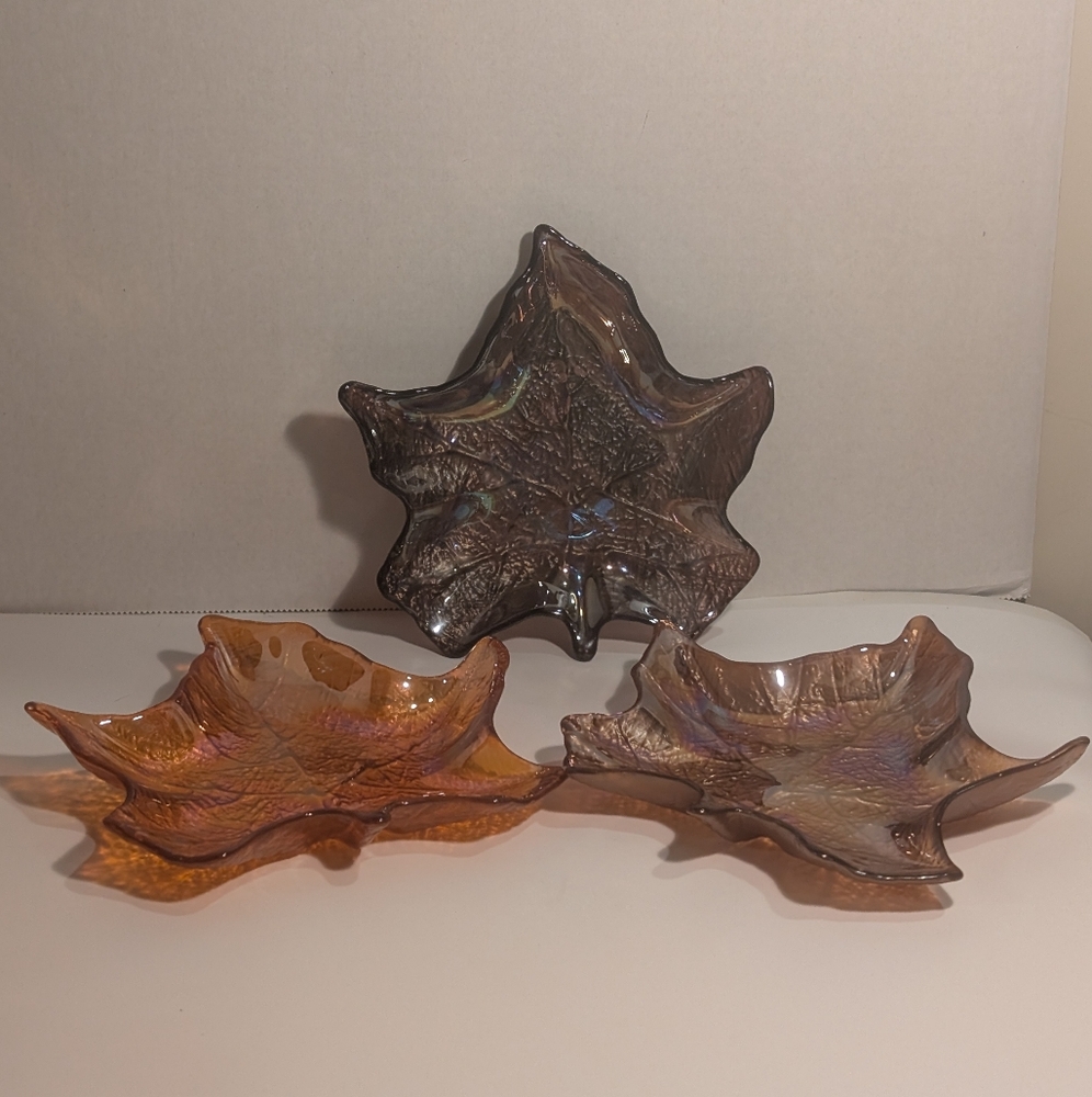 Set of 3 Assorted detailed iridescent fall leaf plates, bowl or candy dish set